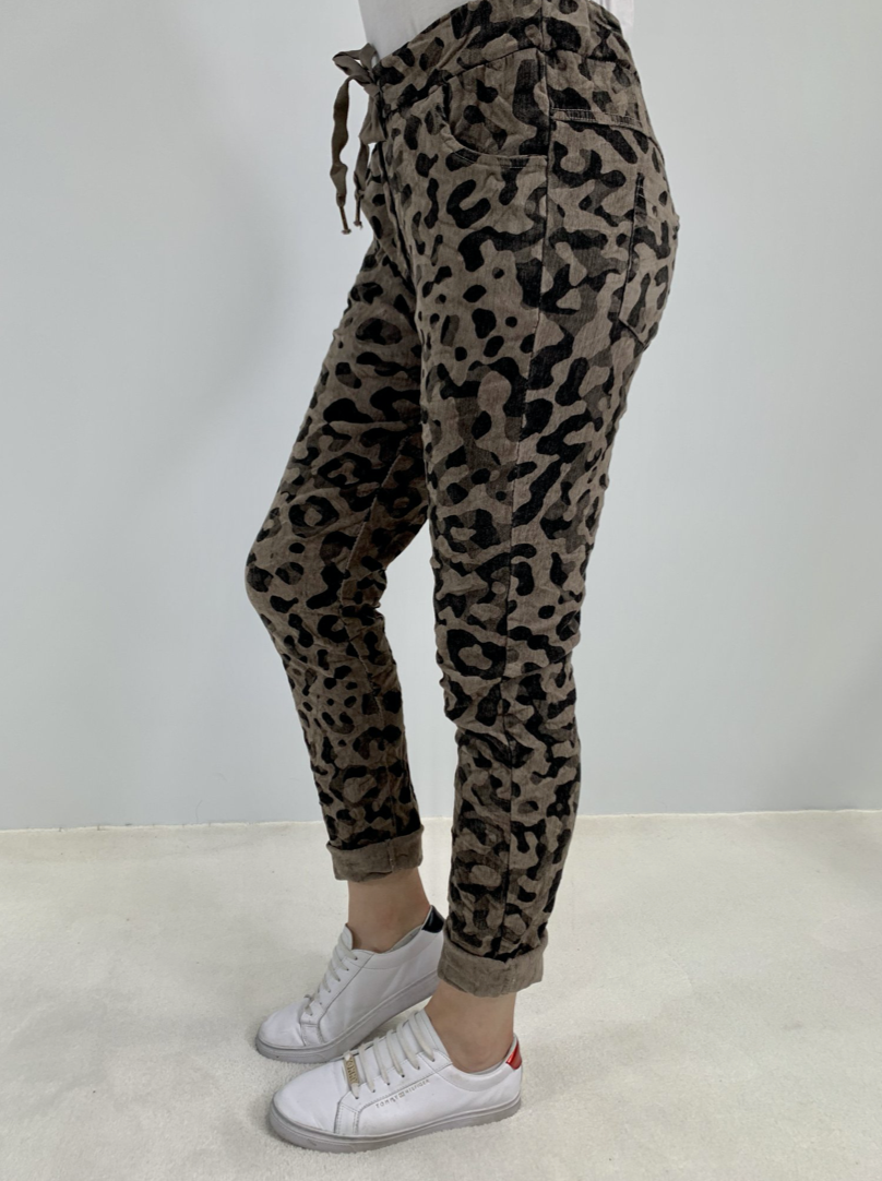Amici Leopard Printed Super Stretch Corduroy Pull on Pant - Fango